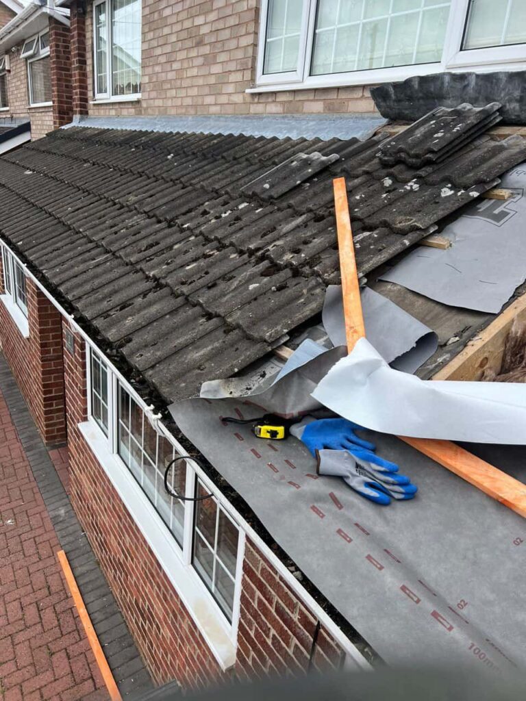 This is a photo of a pitched roof which is being repaired. The existing roof was leaking badly. Works carried out by MCM Roofing Repairs Warminster